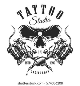 Tattoo studio emblem with tattoo machines and skull. Monochrome line work. Isolated on white background. layered