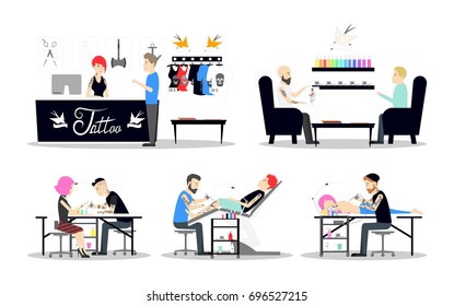 Tattoo Studio Interior Design. Tattoo Masters And Customers On White Background.