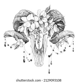 Tattoo style illustration and ram skull and flowers