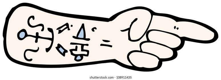 tattooed arm pointing