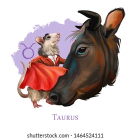 Taurus Creative Digital Illustration Of Astrological Sign. Rat Or Mouse Symboll Of 2020 Year Signs In Zodiac. Horoscope Earth Element. Logo Sign With Bull Horns. Graphic Design Clip Art For Web Print