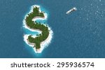 Tax haven, financial or wealth evasion on a dollar shaped island. A luxury boat is sailing to the island.