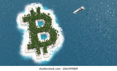 Tax haven, financial or wealth evasion on a Bitcoin shaped island. A luxury boat is sailing to the island. 3D render