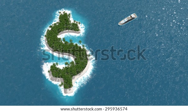 Tax haven,\
financial or wealth evasion on a dollar shaped island. A luxury\
boat is sailing to the\
island.
