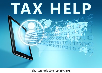 Tax Help illustration with tablet computer on blue background