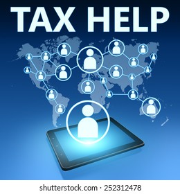 Tax Help illustration with tablet computer on blue background
