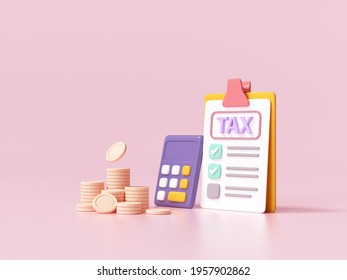Tax payment and business tax concept. Coins, calculator and tax form on pink background. 3d render illustration