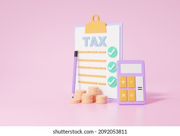 Tax Payment Education Concept. Calculator, Coins, Financial Learning. Transactions For Cost Reduction Saving Money Finance And Business Target Planning. 3d Render Illustration