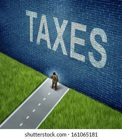 Tax Problems Business And Financial Concept As A Businessman On A Road To Success Blocked By A Brick Wall With The Word Taxes Painted For Finance Issues As An Adversity To Growth.