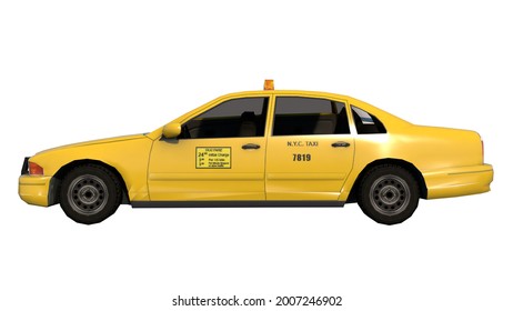 Taxi 3- Lateral view  white background 3D Rendering illustration 3D