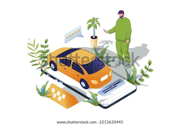 Taxi booking web concept in 3d isometric
design. People using taxi application for online rental car. Man
passenger waiting yellow auto for delivering to destination. Web
illustration.