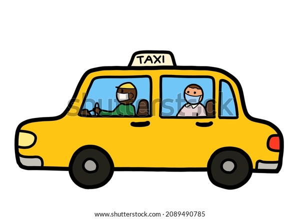A taxi car with an African American ethnicity\
driver and a passenger wearing protective face mask. Health and\
safety travel concept.