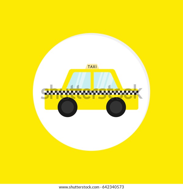 Taxi car cab round icon. Cartoon\
transportation collection. Taxicab. Checker line, light sign. New\
York symbol. Isolated. Yellow\
background