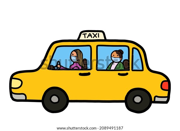A taxi\
car with a female driver and female passenger wearing protective\
face mask. Health and safety\
concept.