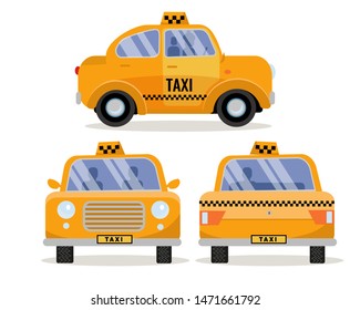 Taxi Car On White Background. Yellow retro cute city vehicle, branding taxicab. Set of 3 Front, back and side views. flat cartoon isolated illustration