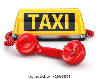 Taxi car sign and  telephone on white isolated background. 3d