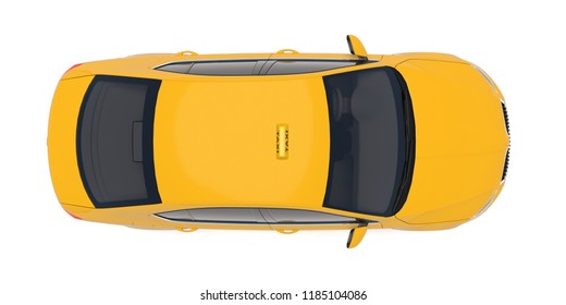 Taxi car top down view. Yellow taxicab sedan with checker top light box on roof flat style 3D illustration isolated on white background. For taxi service app, transport company ad, infographics