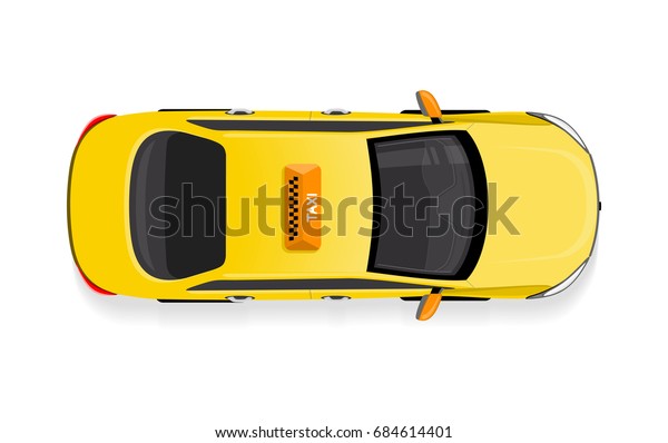Taxi car top view icon. Yellow taxicab sedan with\
checker top light box on roof flat style  illustration isolated on\
white background. For taxi service app, transport company ad,\
infographics 