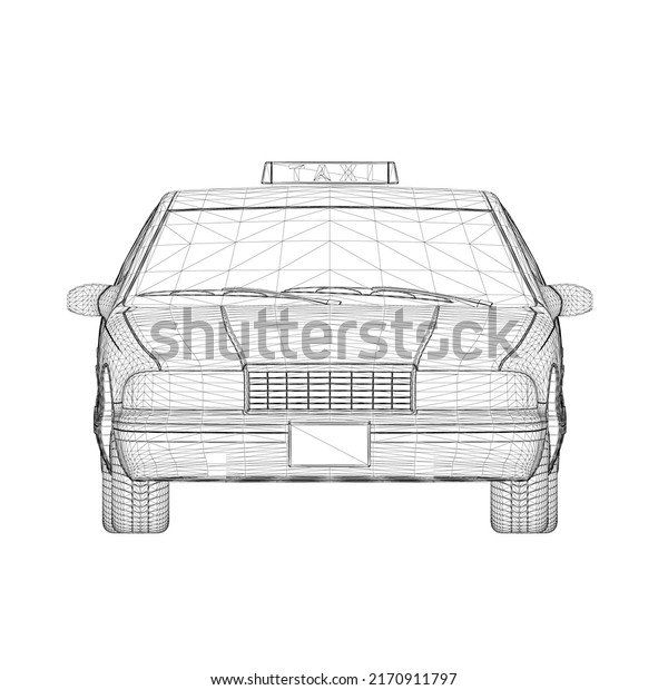 Taxi car wireframe from black\
lines isolated on white background. 3D. Front view. 3D\
illustration