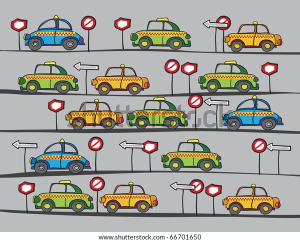 taxi cars and traffic signs cartoon,\
abstract art\
illustration