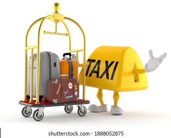 Taxi Character With Hotel Luggage Cart Isolated On White Background. 3d Illustration