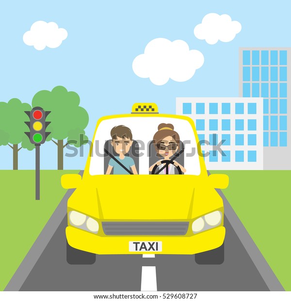 Taxi driver\
with passenger. Smiling people in yellow cab. Riding on the city\
street. Yellow car for urban\
service.