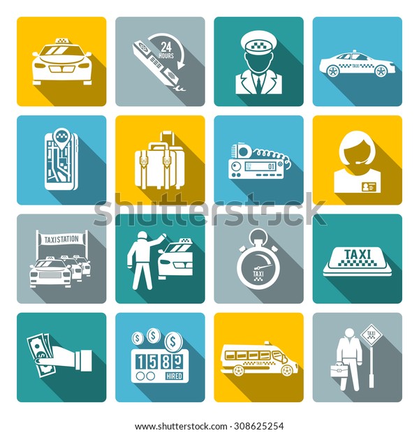 Taxi driver\
transportation car service drive and payment white long shadow\
icons set isolated \
illustration