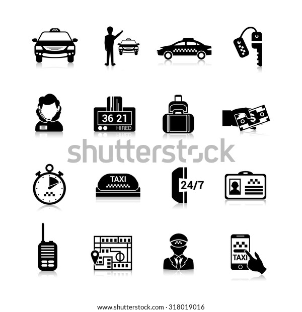 Taxi icons black set with luggage order\
driver license isolated \
illustration