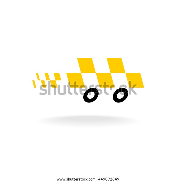 Taxi logo. Checkers symbol. Moving dynamic\
auto car silhouette with black\
wheels.