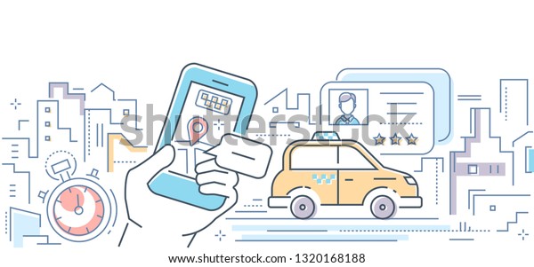 Taxi mobile app - colorful line design style\
illustration on white background. Concept of online service for\
ordering a car in the city via smartphone. Urban landscape, driving\
license, timer
