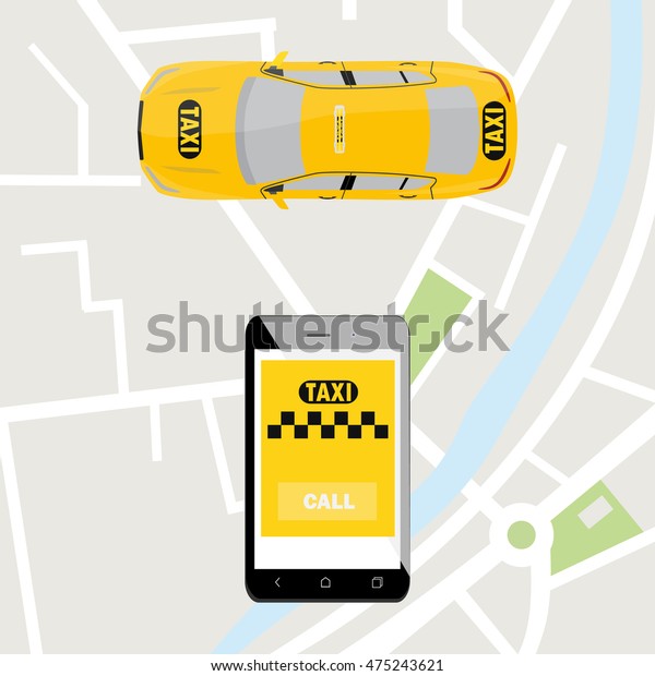Taxi mobile app concept.\
Smartphone with mobile app and yellow taxi car. Taxi for\
smartphone. Call\
taxi.