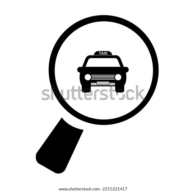 Taxi on a magnifying\
glass, flat style