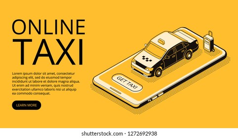 Taxi Online Service Illustration In Thin Line Art And Black Isometric Halftone Style. Car On Smartphone For Carsharing Or Carpool Application And Transportation Technology