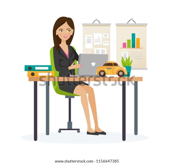 Taxi order service. Girl manager company of order\
taxi, responsible for growth and development company, carries out\
marketing researches, analysis indicators. Illustration character\
cartoon person.