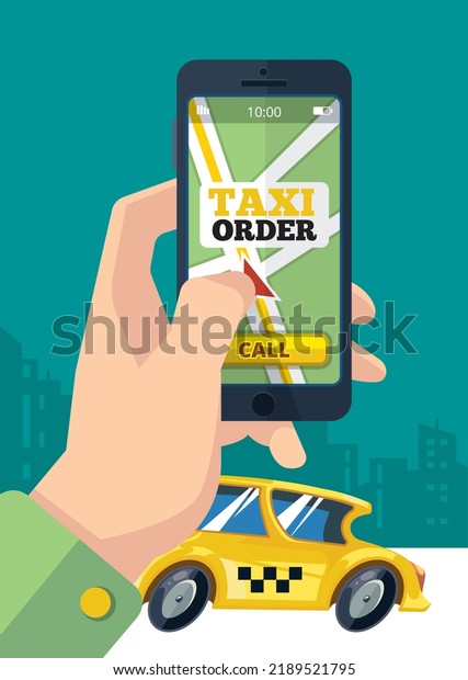 taxi\
order. urban transportation hand holding\
smartphone