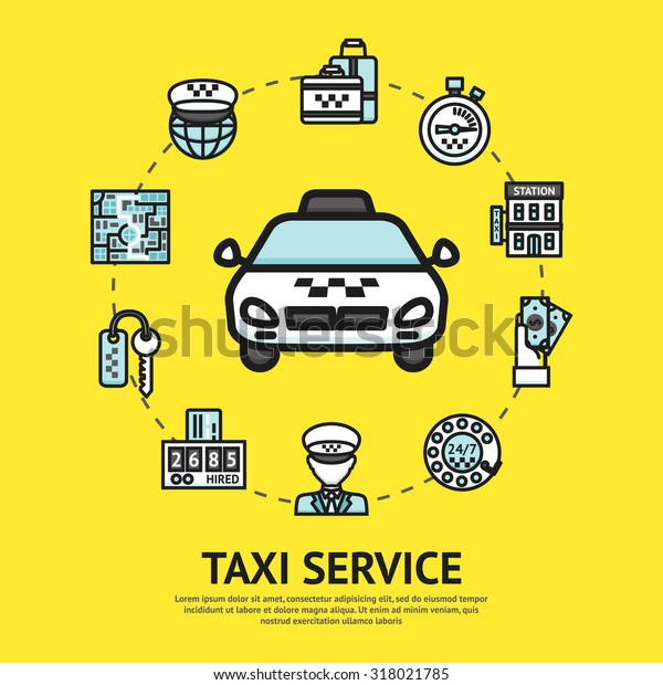 Taxi service concept with car driver and\
transportation decorative icons \
illustration