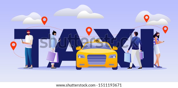 Taxi Service Concept. Driver in Yellow Cab\
Waiting Passengers and Delivering People to Destination. Mobile App\
to Call Car with Driver Poster, Banner, Flyer, Brochure. Cartoon\
Flat Illustration