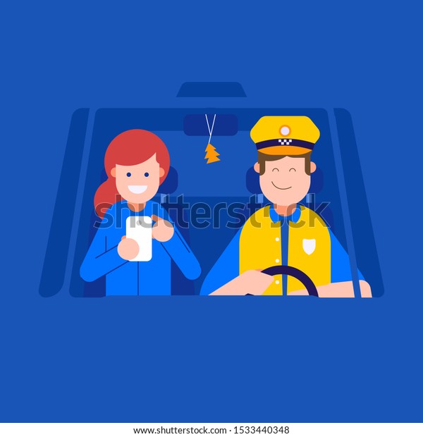 Taxi service concept illustration. Smiling male\
character driving the car and female passenger with smartphone.\
Public auto transport. Cab service, taxi driver transportation\
poster, banner, or\
card.