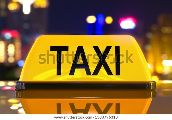 Taxi service concept, taxi sign on the night\
city background. 3D\
rendering