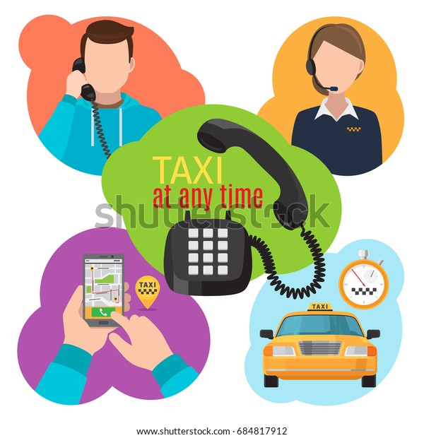 Taxi service illustration\
with urban cab motor service, mobility phone app and taxi operator\
calls