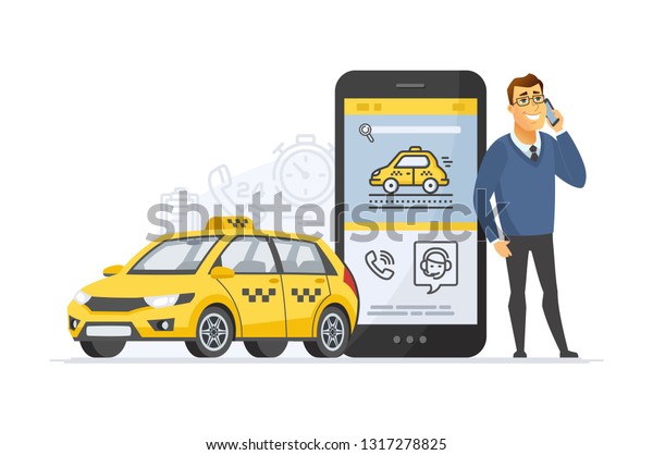 Taxi service - modern cartoon character\
illustration isolated on white background. A composition with a\
young happy male customer ordering a car online via mobile app,\
talking with the\
operator