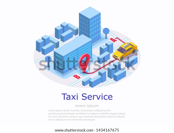 Taxi service web banner template. Isometric city\
map with buildings, yellow taxicab route with departure and\
destination points, location pin. Taxi service and gps navigation\
concept.