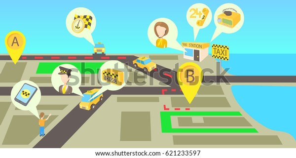 Taxi services
horizontal banner concept. Cartoon illustration of taxi services 
horizontal banner for
web