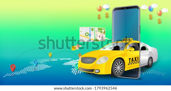 Taxi services mobile app\
website. application on smartphone. Webpage, app design. 3d\
illustration.