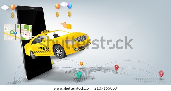 Taxi services\
mobile application website. application on smartphone. Webpage, app\
design. 3d\
illustration.
