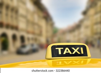 taxi for traveling with cityscape background illustration