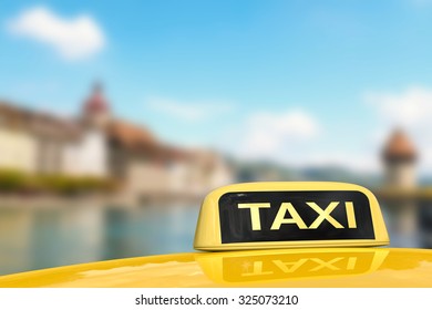 taxi for traveling with cityscape background illustration