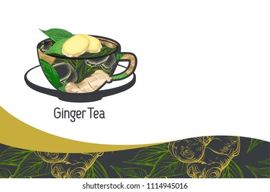 Tea Branding with Ginger root and leaves. Corporate Business card. Trendy style with Ginger tea. Tea Branding Element for design invitations, gift cards, flyers and brochures. - Powered by Shutterstock