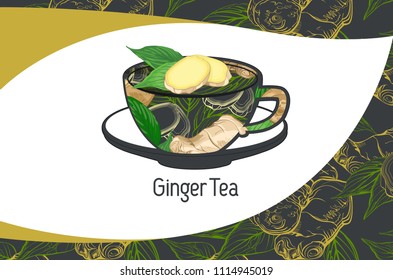 Tea Branding with Ginger root and leaves. Corporate Business card. Trendy style with Ginger tea. Tea Branding Element for design invitations, gift cards, flyers and brochures. - Powered by Shutterstock