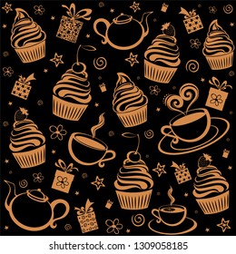 Tea and cake seamless pattern. Menu design. Template for a baking shop, cafe. Brown and black pattern. Coffee House cover concept. Useful for background cafe. Illustration